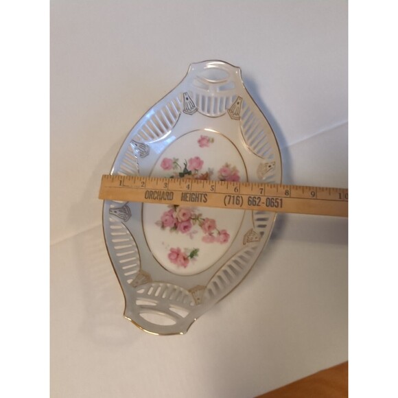 Bavaria German Reticulated Serving Bowl Dish Rose Floral Oval Double Handled - Picture 10 of 10